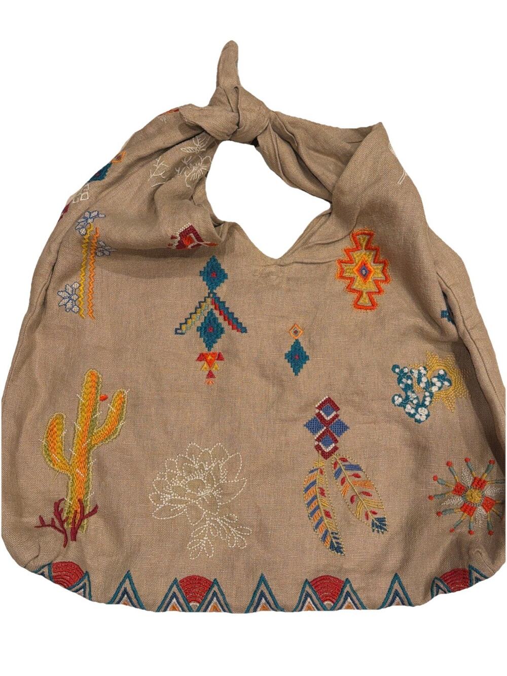 Johnny Was Los Angeles Hobo Bag Purse Linen Aztec Southwest Tie Knot SAGUARO Tan